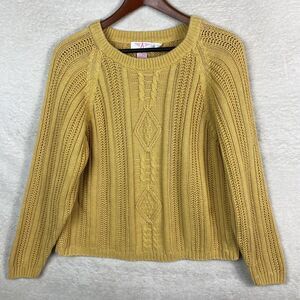 Vintage Chunky Cable Knit Fishermans Sweater Womens Sz M Bright Yellow Cabincore